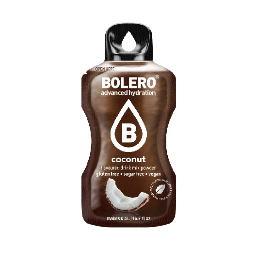 Bolero Kokosnuss Instant-Getränkesticks, 3g, in der Verpackung, ideal für erfrischende Kokosnuss-Getränke.