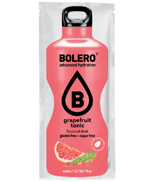 Bolero Instant Grapefruit Tonic Pulver, 9g, in einer offenen Packung mit Pulver und Messlöffel sichtbar
