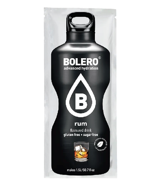 Bolero Instant Rum 9g, aromatischer Rum-Geschmack in Pulverform, ideal für Cocktails und Getränke, auf weißem Hintergrund.