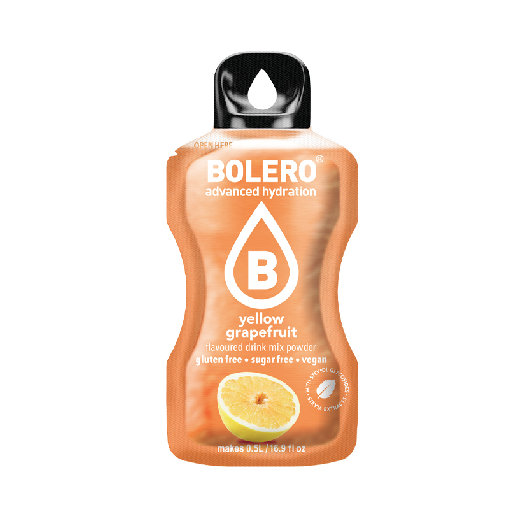 Bolero Instant-Getränkesticks Gelbe Grapefruit, 3g, Nahaufnahme der gelben Grapefruit-Geschmackspakete in Packung
