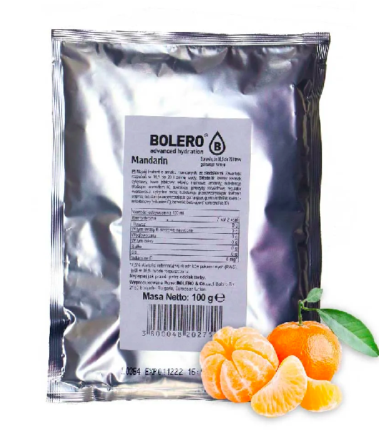 Bolero Mandarine Bolero Tasche mit 100g, zeigt die orangefarbene Verpackung der aromatischen Fruchtgeschmacksbooster.