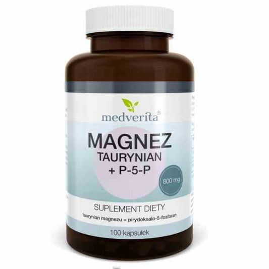Medverita Magnesium Taurat mit P5P in 100 Kapseln, Nahrungsergänzungsmittel für Muskeln und Nerven, Nahaufnahme der Kapseln
