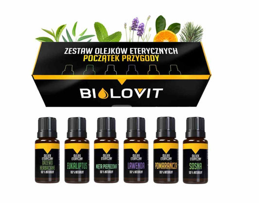 Set mit ätherischen Ölen von Bilovit, enthält verschiedene Fläschchen für Aromatherapie und Entspannung, naturbelassene Öle.