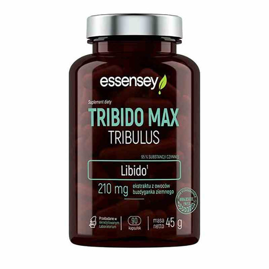 Essensey Tribido Max Tri-bulus 90 Kapseln, Nahaufnahme der Kapseln in einer Verpackung, natürliche Supplement-Produktpräsentation