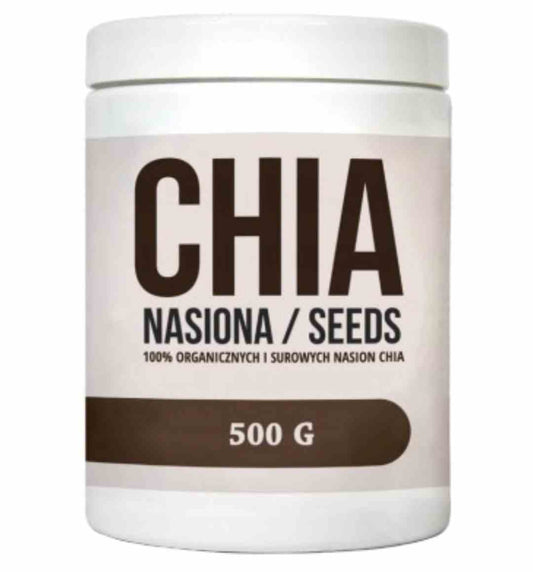 MedFuture Chia-Samen in 500g Packung, Nahaufnahme der schwarzen und weißen Chia-Samen in einer transparenten Verpackung