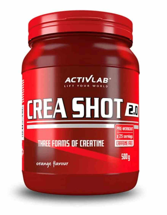 AktivLab CreaShot 2.0 Kreatin-Pulver mit Orangen-Geschmack, 500 g, in einer geöffneten Verpackung.