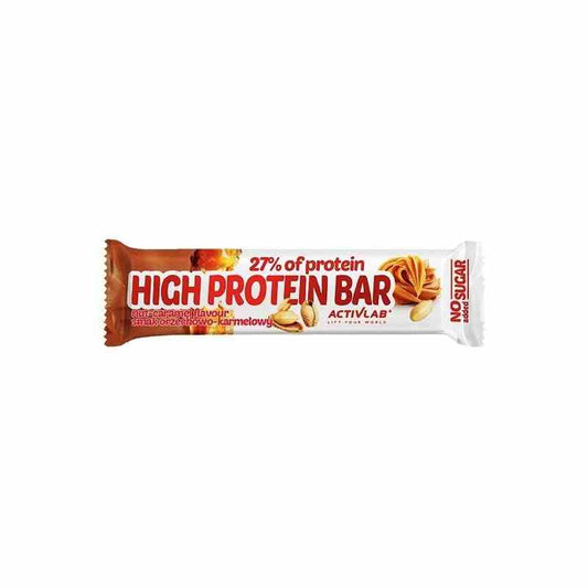 ActivLab High Protein Riegel mit Erdnuss-Karamell-Geschmack, 49 g, zeigt den Riegel mit Nüssen und Karamellschichten.
