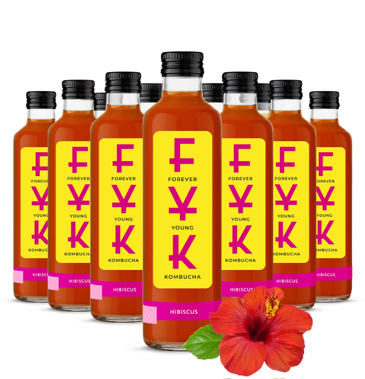 Bunte Flasche FYK Kombucha Hibiskus 0,25l mit Hibiskusblüten und frischer Flüssigkeit, natürliche Erfrischung, Produktdetailaufnahme