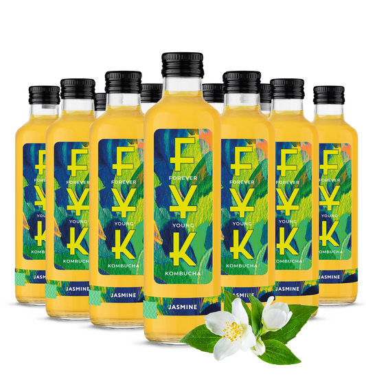 Flasche mit 0,25l FYK Kombucha Jasmin, transparent mit grünem Etikett und Jasminblumenmotiv auf der Flasche
