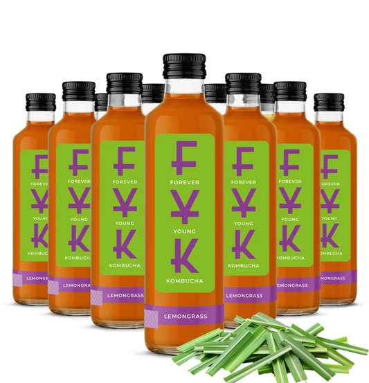 Bunte Flasche FYK Kombucha Zitronengras 0,25l von Dystrybutor: Biogo.pl mit Zitronengras-Design, erfrischend und natürlich.