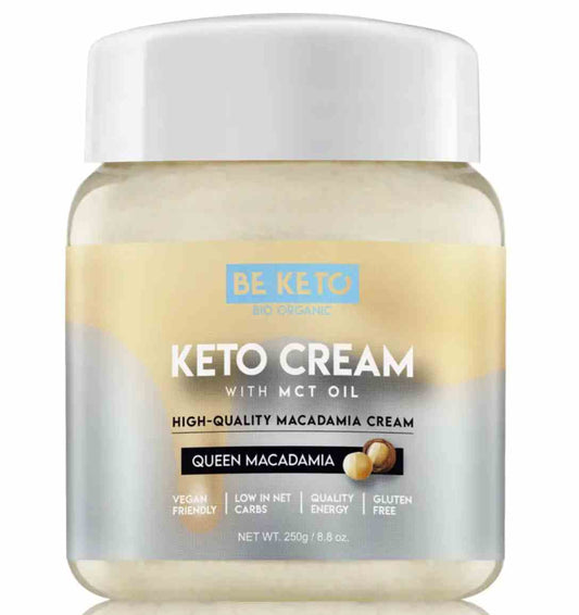 BeKeto Keto Creme Königin Macadamia in 250g Verpackung, cremige Nusscreme mit Macadamia für Brot und Gebäck