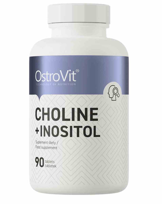 OstroVit Cholin + Inositol Tabletten, Nahrungsergänzungsmittel in einer Packung mit 90 Tabletten, Nahaufnahme der Tabletten.