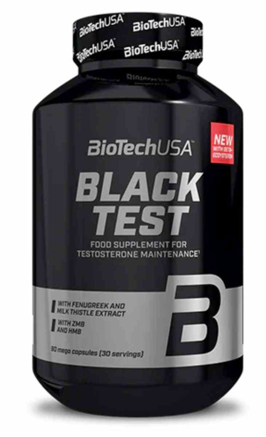 Schwarze Kapseln von BioTech USA für Testosteron-Boost, 90 Stück, in einer geöffneten Verpackung auf weißem Hintergrund