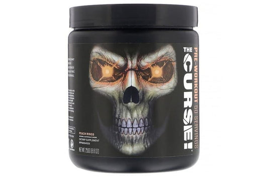 JNX Sports The Curse! Pfirsich-Geschmack Proteinpulver 250g, orange-weiß Verpackung, frisch und aromatisch für Muskelaufbau.