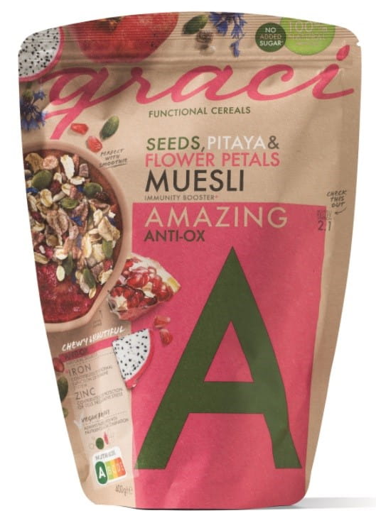 Anti-Ox Funktionsmüsli von GRACI in 400 g Verpackung, zeigt eine Schüssel mit Müsli, Nüssen und Beeren auf einem Teller.
