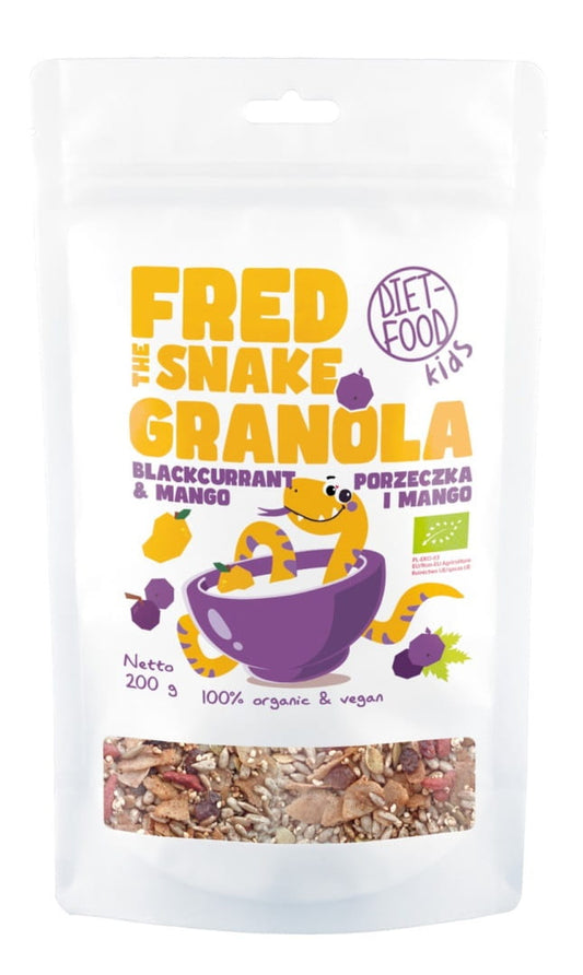 Bio Granola mit Mango und schwarzer Quinoa, 200 g, von DIET-FOOD, zeigt die knackige, fruchtige Mischung in der Packung.