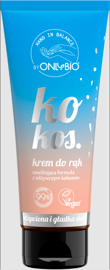 Hände mit Kokosnuss-Handcreme von ONLY BIO, 50 ml, pflegende natürliche Handpflege in einer weißen Tube.