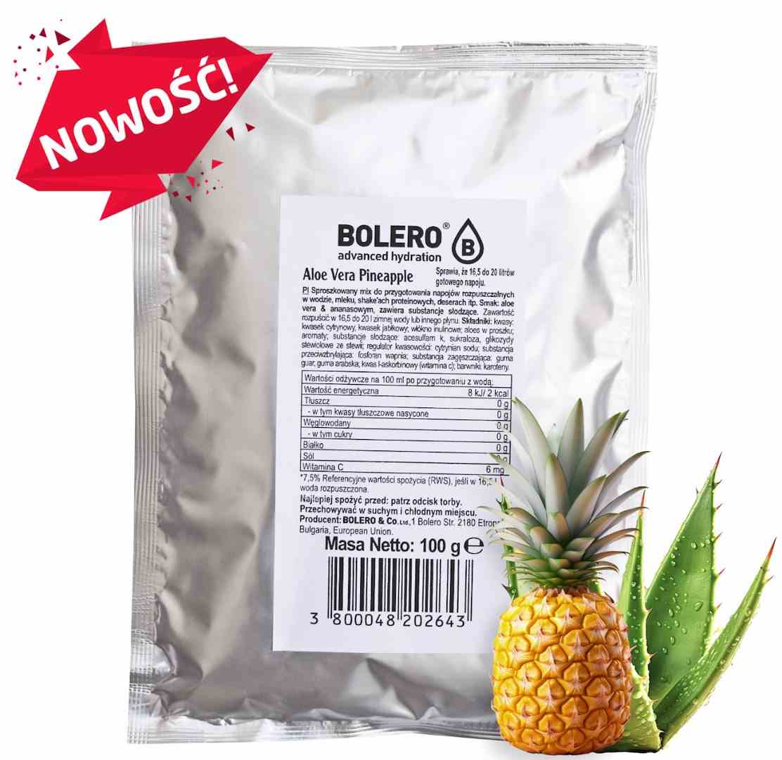 Bolero Aloe Vera Ananas Bolero Tasche mit 100g, sichtbar im Bild, zeigt die Verpackung mit Aloe Vera und Ananas Design.