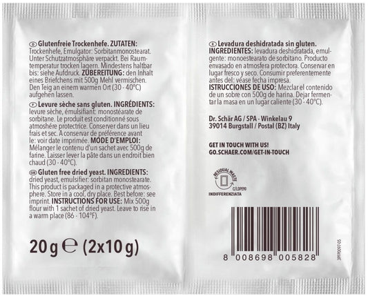 Trockenhefe von SCHAR, 20 g, in einer Packung, ohne Garantien, für Backrezepte, sichtbar im Bild.