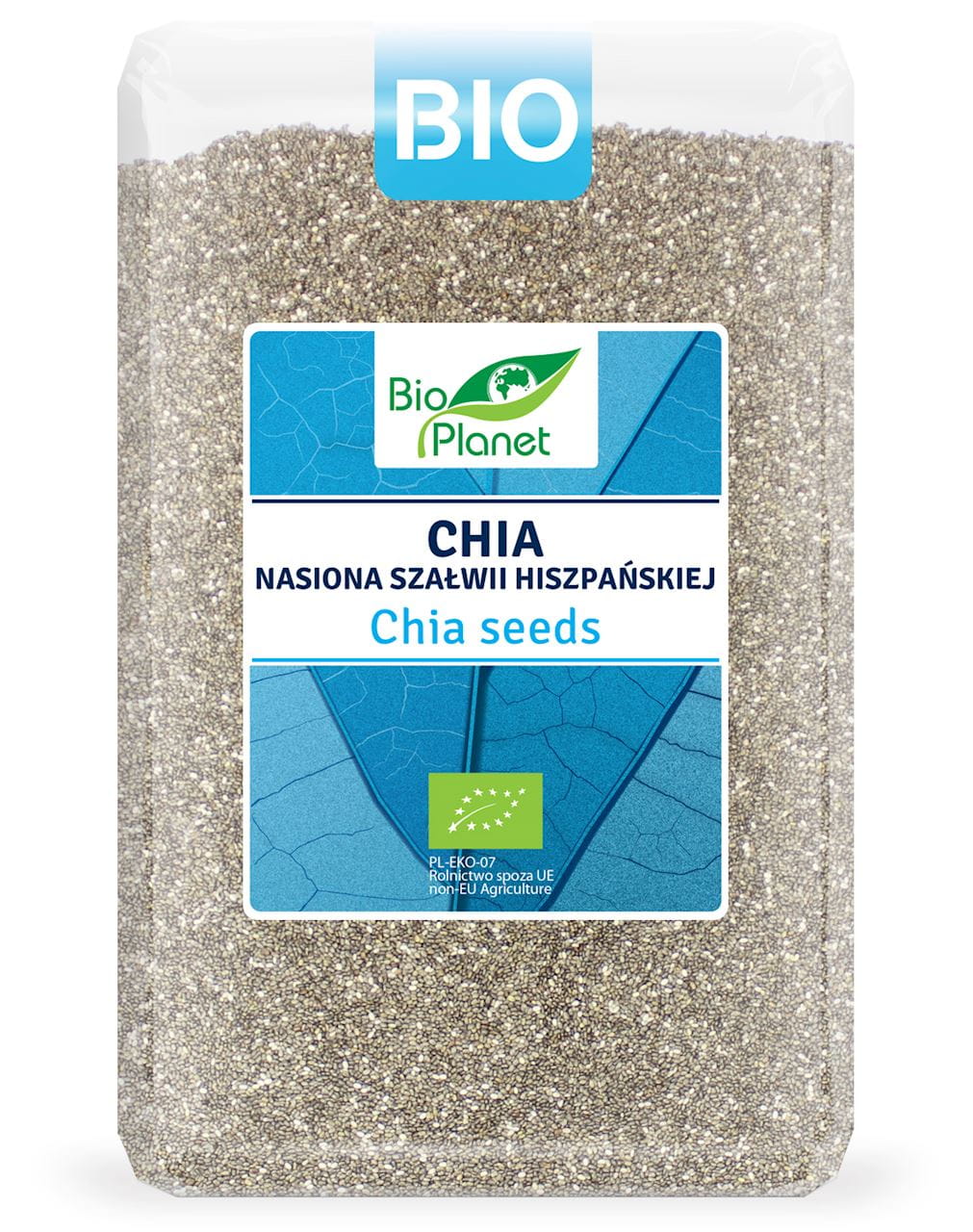 Bio Chia-Samen aus Spanien, 2 kg, BIO PLANET, in einer transparenten Verpackung mit blauer Etikette sichtbar
