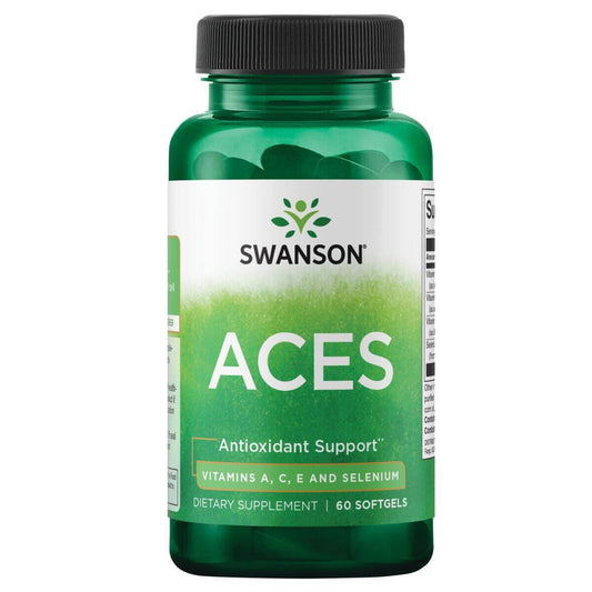Swanson Aces Vitamine A, C, E und Selen Kapseln, 30 Stück, Nahaufnahme der Verpackung und Kapseln.