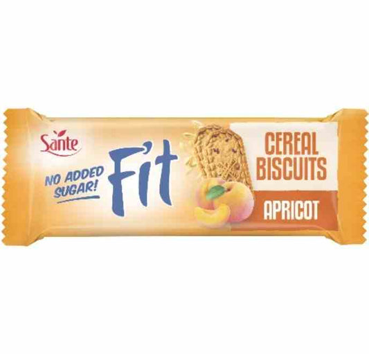 Sante Fit Müsli Kekse mit Aprikose, zuckerfrei, 50g, knusprige Kekse mit getrockneten Aprikosenstücken.