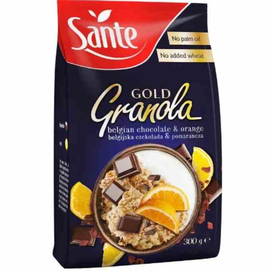 Sante Granola Gold Schokolade Orange 300g, Nahaufnahme der Verpackung mit Granola, Schokolade und Orangenzutaten.