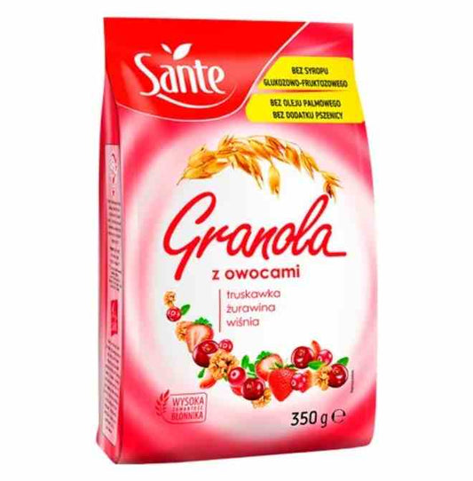 Sante Müsli Obst 350g mit getrockneten Früchten und Haferflocken in einer Schüssel, natürliche Frühstücksoption.
