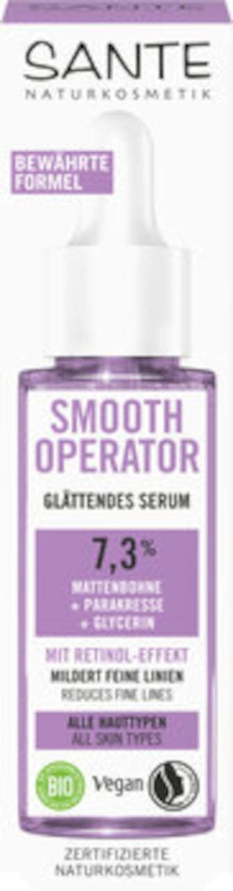 Das SANTE EQUALIZIERENDES Serum mit Retinol-Wirkung, 30 ml, zeigt die Flasche mit Serum und natürlichen Inhaltsstoffen.