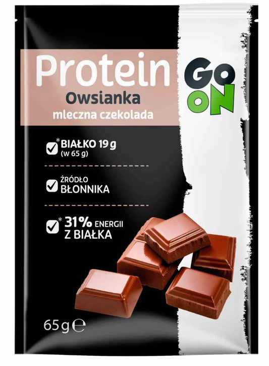 Sante Go On Protein Haferflocken mit Schokolade, 65 g, in Packung mit Haferflocken und Schokoladensplittern.