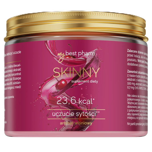 MyBestPharm MyBestSkinny Pulver mit Kirschgeschmack, 222 g, in einer offenen Packung neben einem Messlöffel und Kirschen.