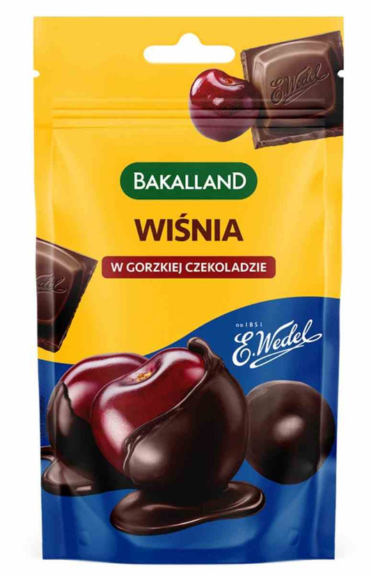 Schokolade mit Kirschen von Bakalland, dunkle Schokolade mit fruchtigen Kirschen, 74 g, auf weißem Hintergrund