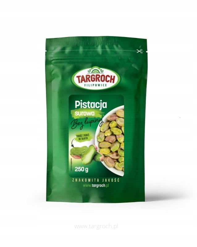 Rohe, geschälte Pistazien von TAR-GROCH-FIL, ganze 250 g Packung, als natürliche Snack-Option.
