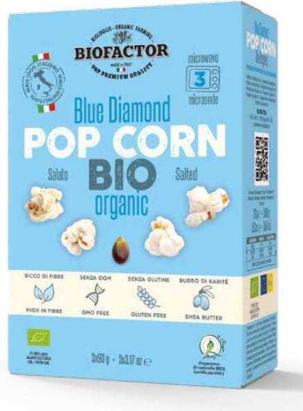 Blaues Popcorn mit Salz für Mikrowelle, BIOFACTOR, 3 x 90 g, frisch und knusprig, in öffentlicher Verpackung.