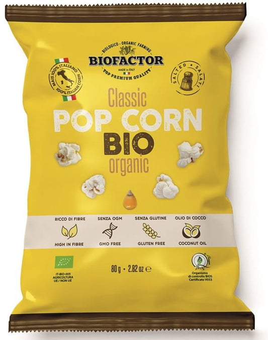Gesalzenes Bio-Popcorn von BIOFACTOR in 80 g Packung, glutenfrei, knusprig und natürlich lecker.