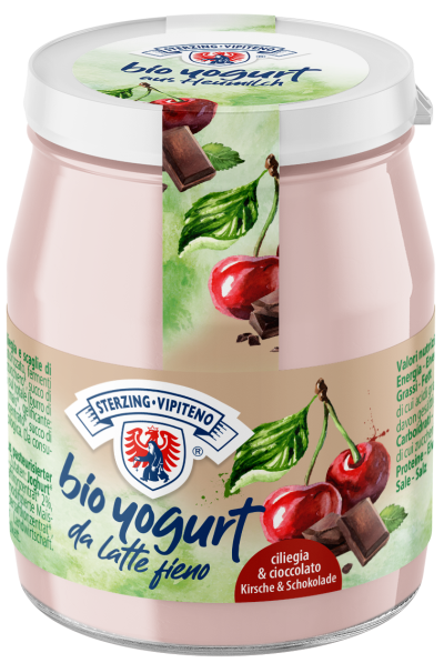 Glutenfreier Kirschjoghurt mit Vollmilchschokoladenraspeln im Glas, Bio-Qualität, von STERZING-VIPITENO, 150 g