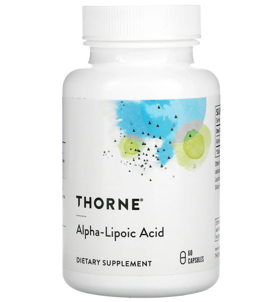 Diätetische Kapseln von Thorne Research mit 300 mg Alpha-Liponsäure, gesundheitsfördernd, in einer weißen Flasche mit blauer Beschriftung