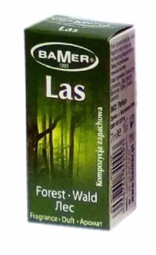 BAMER Wald Duftkomposition in 7 ml Flasche, natürlicher Waldduft, von Dystrybutor Biogo.pl, zeigt die Duftflasche vor hellem Hintergrund