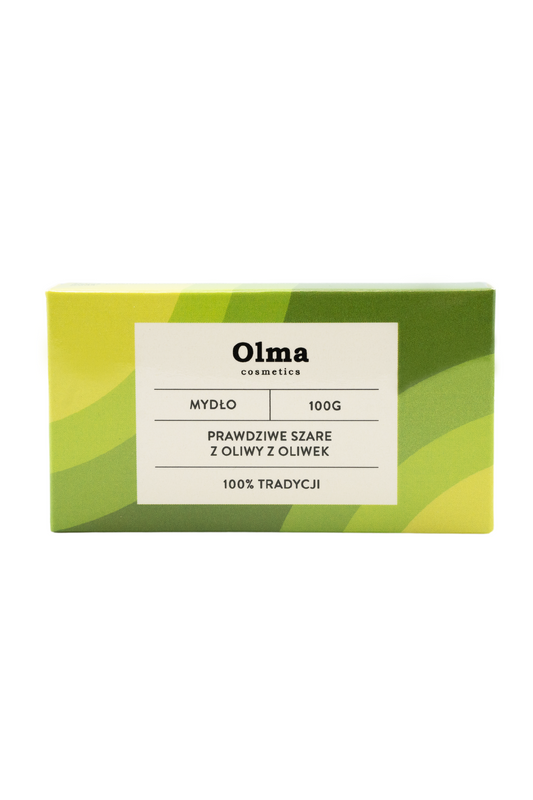 Echte Olivenöl-Grau-Seife von OLMA Cosmetics in 100 g, zeigt die Seife mit natürlicher Olivenöl-Textur und grauer Farbe