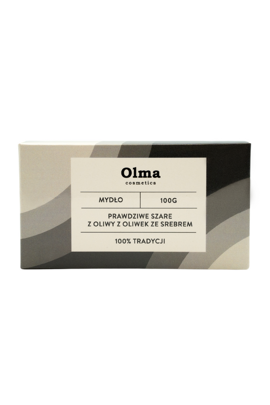 Echte graue Olivenölseife mit Silber von OLMA Pharm, 100 g, zeigt die Seife mit silbernen Akzenten und Olivenöl-Textur.