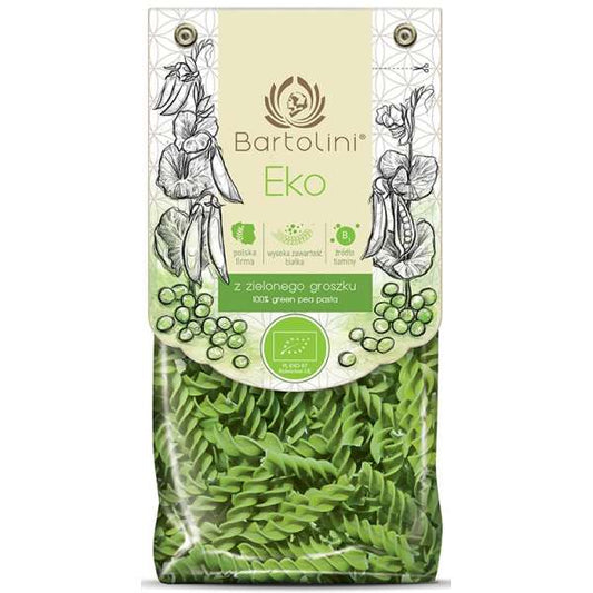 Grüne Bisen Protein-Makkaroni von Bartolini, 1 kg, trockene Pasta in einer transparenten Packung, detailreiche Nahaufnahme.