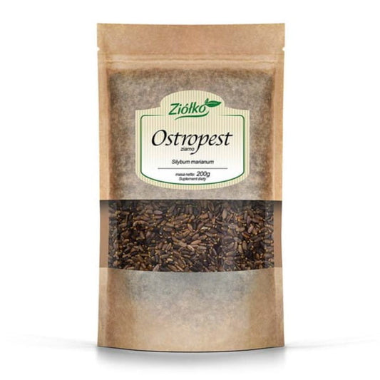 Getrocknete Distelsamen von ZIÓŁKO in 200 g Verpackung, sichtbare Samen in einer offenen Packung.