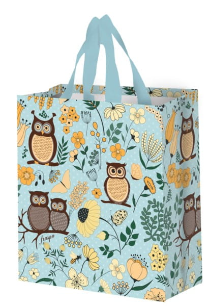 Blaue Z Pp Eulen Tasche von FRASPO, 14 Liter Fassungsvermögen, aus robustem Kunststoff mit Eulen-Design.