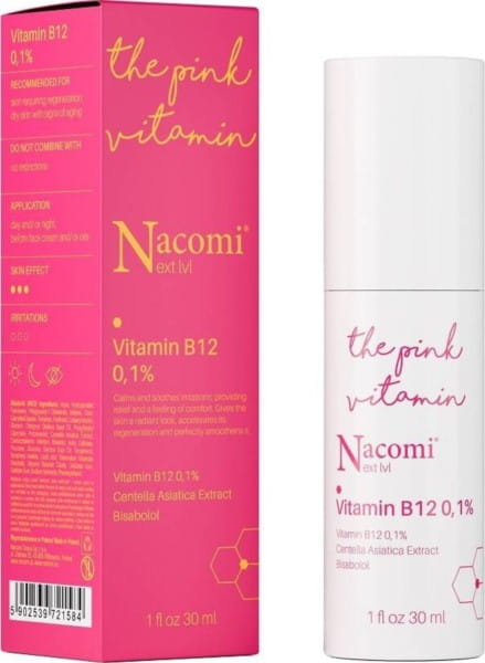 Nacomi Vitamin B12 0,1% Serum in 30 ml Flasche, sichtbares Produkt mit Flasche und Etikett, ideal für Hautpflege.