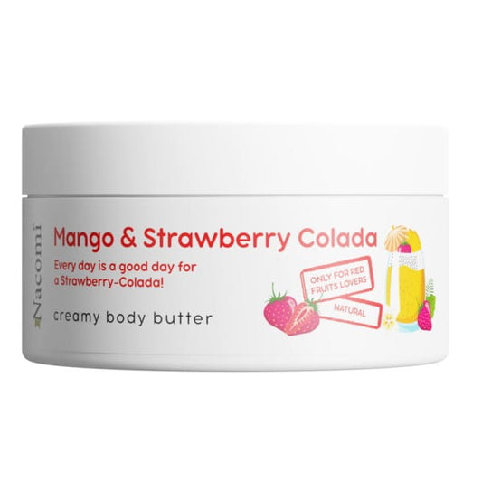 Mango-Erdbeer-Körperbutter von Nacomi, 100 ml, cremige Textur in einer weißen Dose mit fruchtigem Duft.
