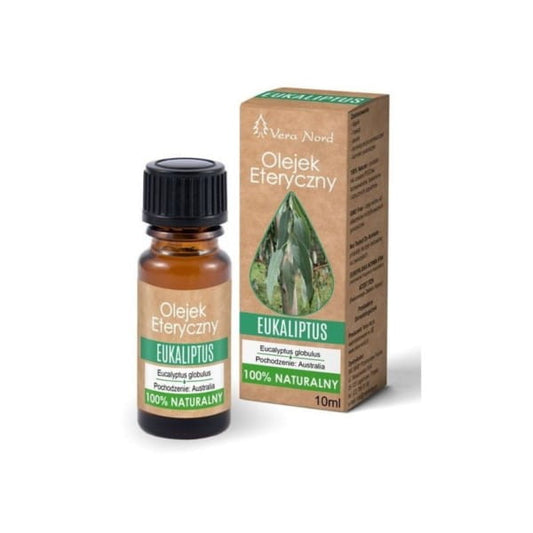 Ätherisches Eukalyptusöl von Vera Nord, natürlich, in Flasche, für Aromatherapie und Wellness, auf weißem Hintergrund