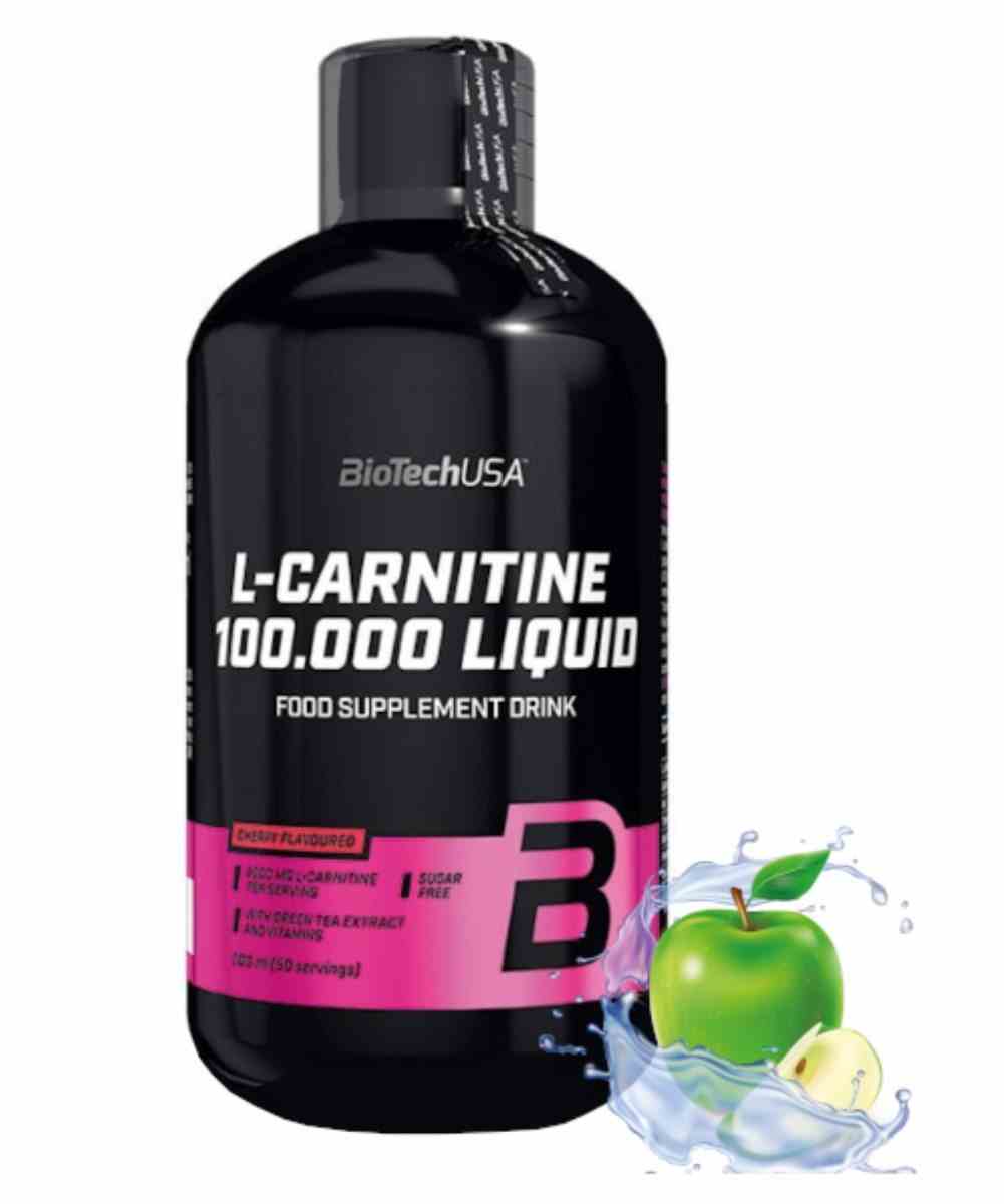 BioTech USA L-Carnitin 100.000 in 500ml Apfelgeschmack, Flasche mit grünem Etikett und Apfelillustration, Sportergänzung