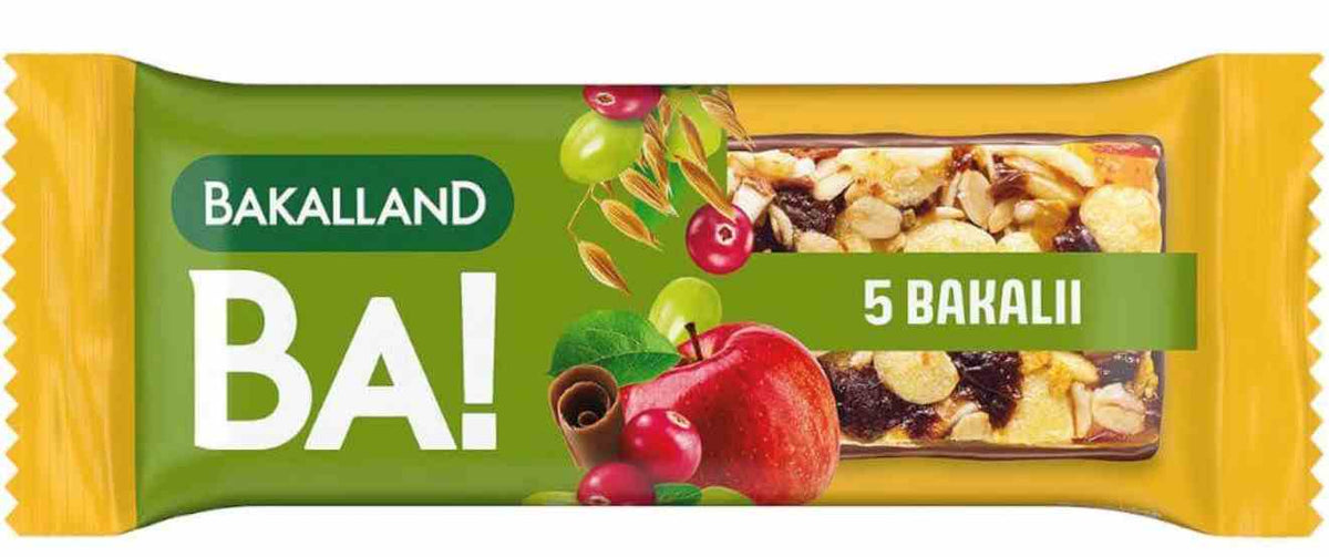Bakalland Ba! Müsliriegel mit 5 Nüssen, 40 g, zeigt die Riegelverpackung mit Nüssen und Müsliflocken.