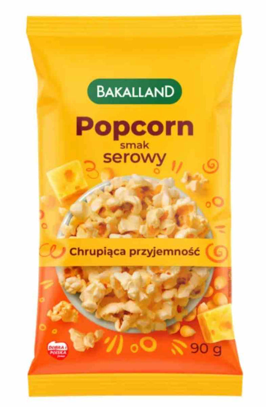 Knuspriges Bakalland Cheese Popcorn in 90 g Tüte, mit käsigem Geschmack und goldener, aromatischer Oberfläche.