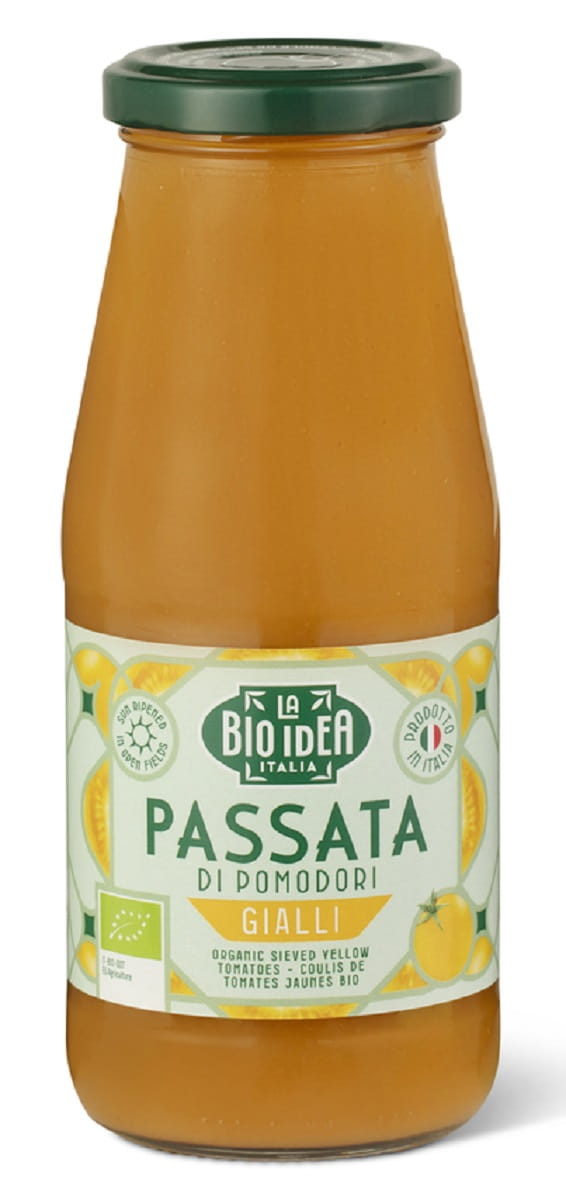 Gelbe TEMPER TOMBER Passata Suspension Bio in 500 ml Flasche, aus biologischen Tomaten, von LA BIO IDEA